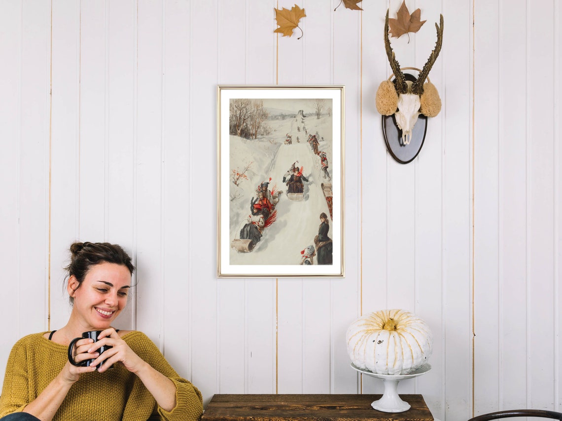 Vintage Winter Sleigh Ride Party Scene On A Snowy Hill Poster