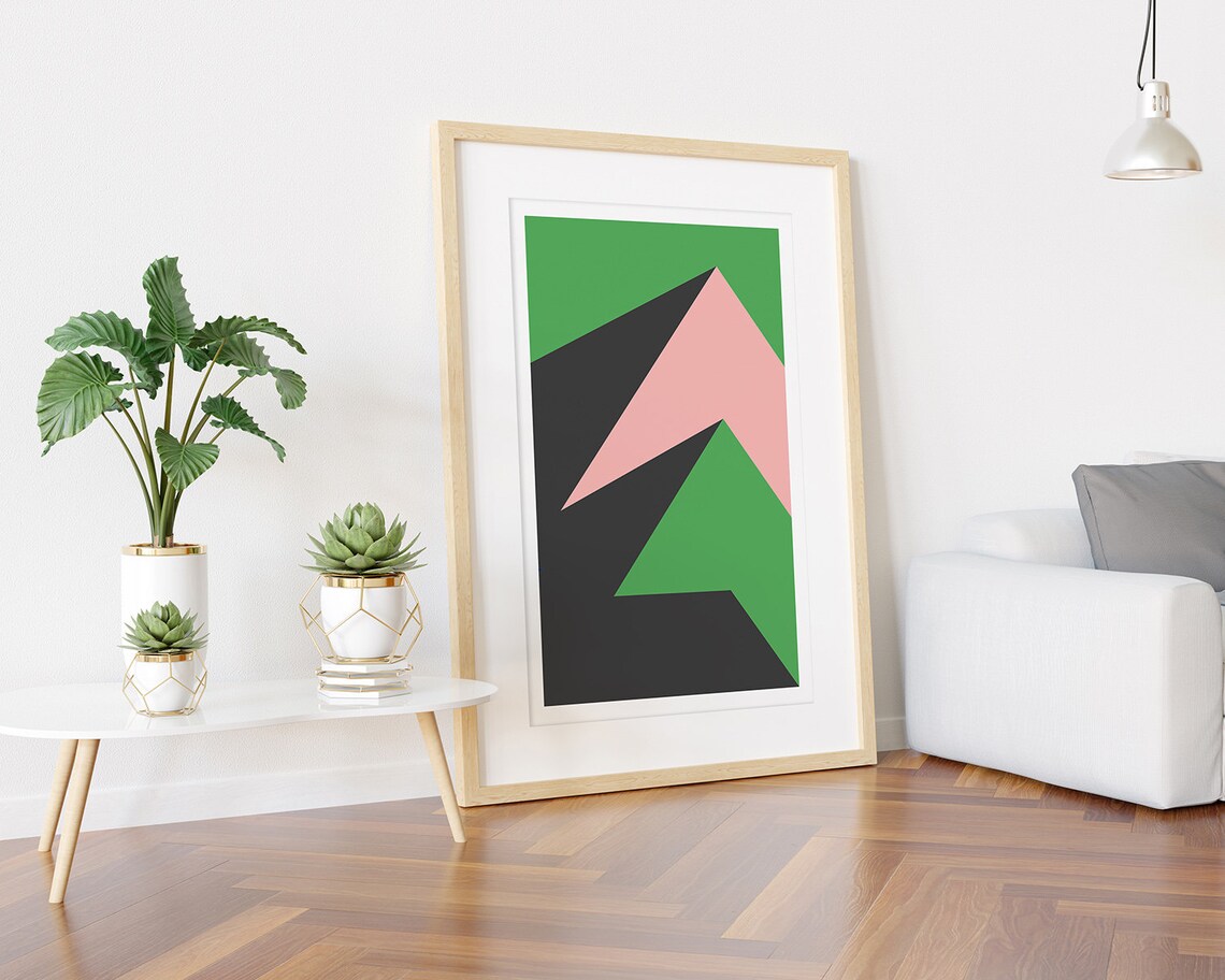 Zigzag Geometric Mountain Shapes in Green Pink Gray Art Poster - Image 3