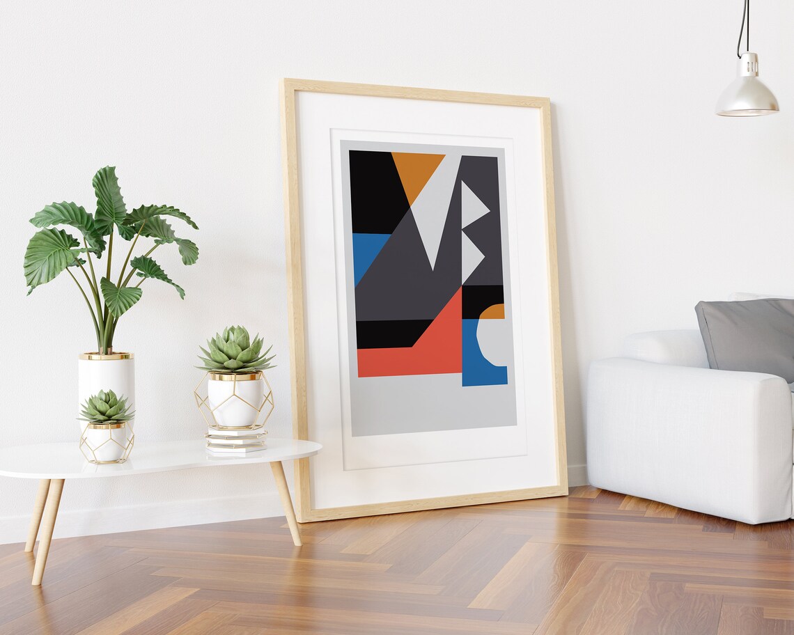 Bold Charcoal Coral And Blue Geometric Shapes Minimal Art Poster - Image 3
