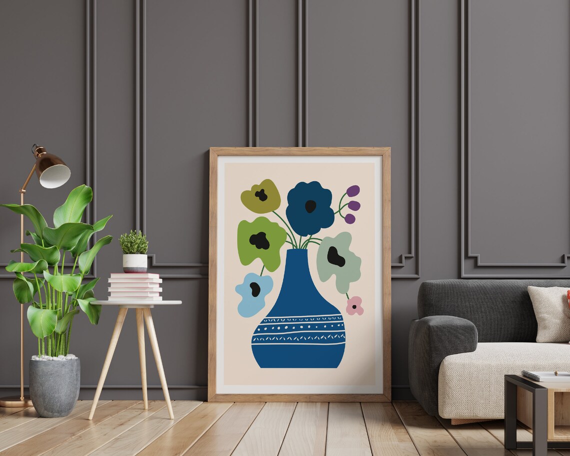 Blue Vase With Green and Blue Flowers Minimal Floral Art Poster - Image 2