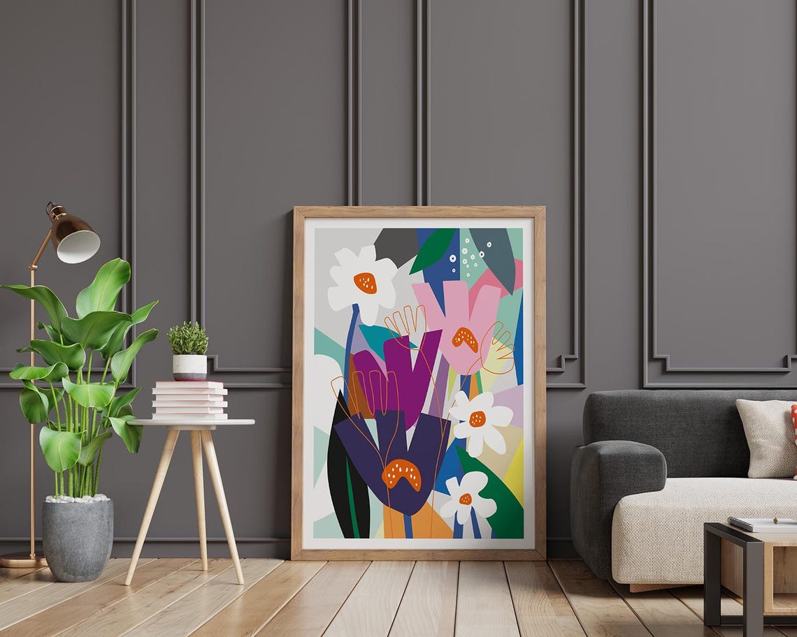Abstract Floral Collage with White Daisies and Orange Centers Poster - Image 2