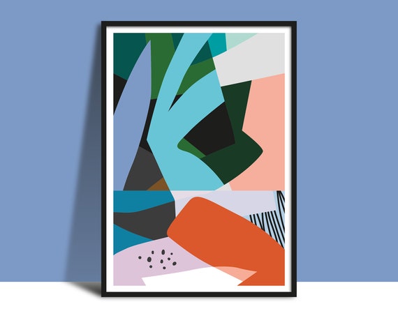 Printable Fragments And Dreams Collage Wall Art Botanical Art Poster Bright Bold Leaves Petals Patterns Blue Orange Green Pink
