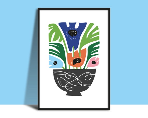 Printable Pattern Vase Colourful Flowers Wall Art Instant Bold Illustration Botanical Poster Happy Floral Wall Decor