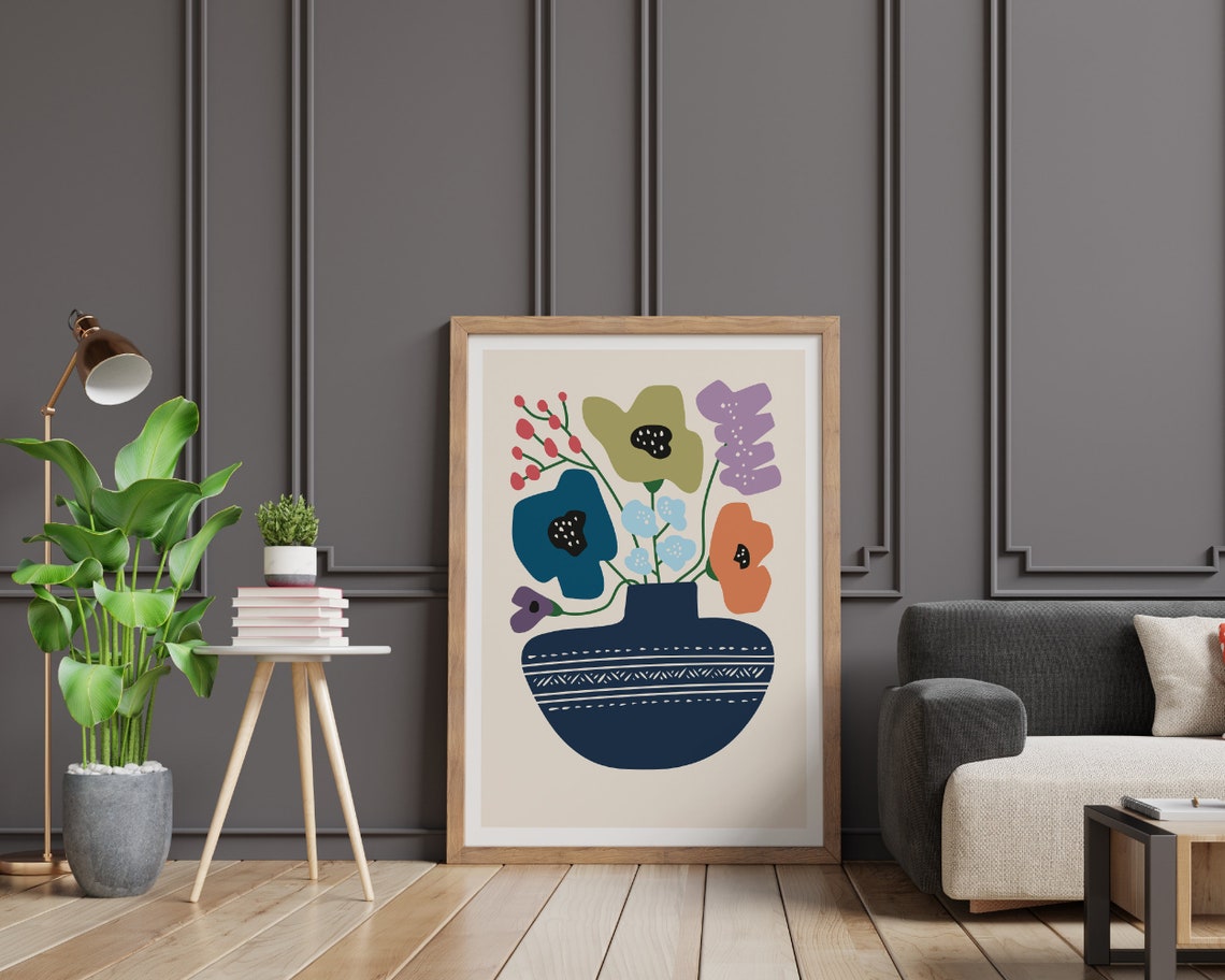Patterned Navy Vase With Bold Colourful Blooms Still Life Art Poster - Image 2