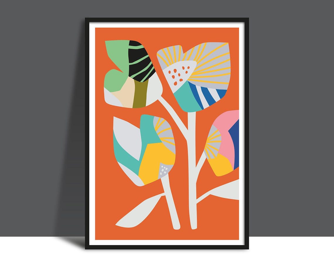 Bold Orange Abstract Floral Collage Modern Botanical Wall Print