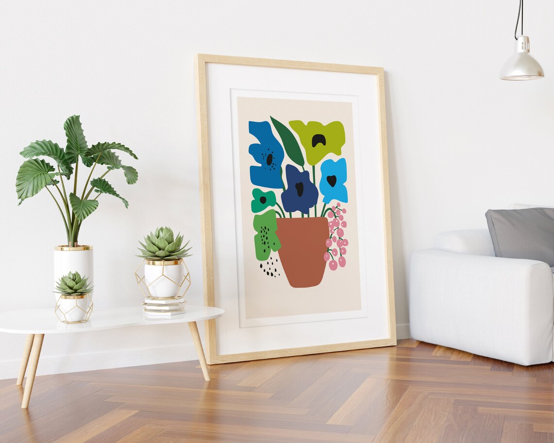 Blue and Green Flowers in a Rustic Terracotta Vase Still Life Poster - Image 3