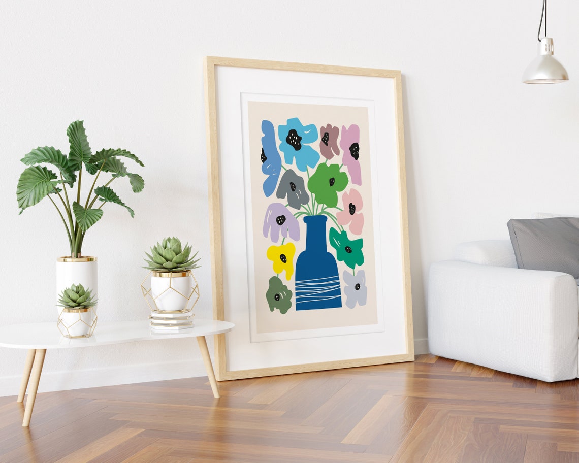 Blue Vase Colorful Hand Drawn Flowers Floral Collage Wall Art - Image 3
