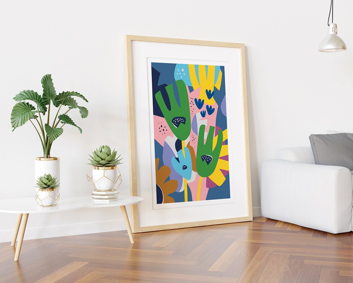Green Tulip Flowers In Pink Yellow And Blue Abstract Collage Poster - Image 3