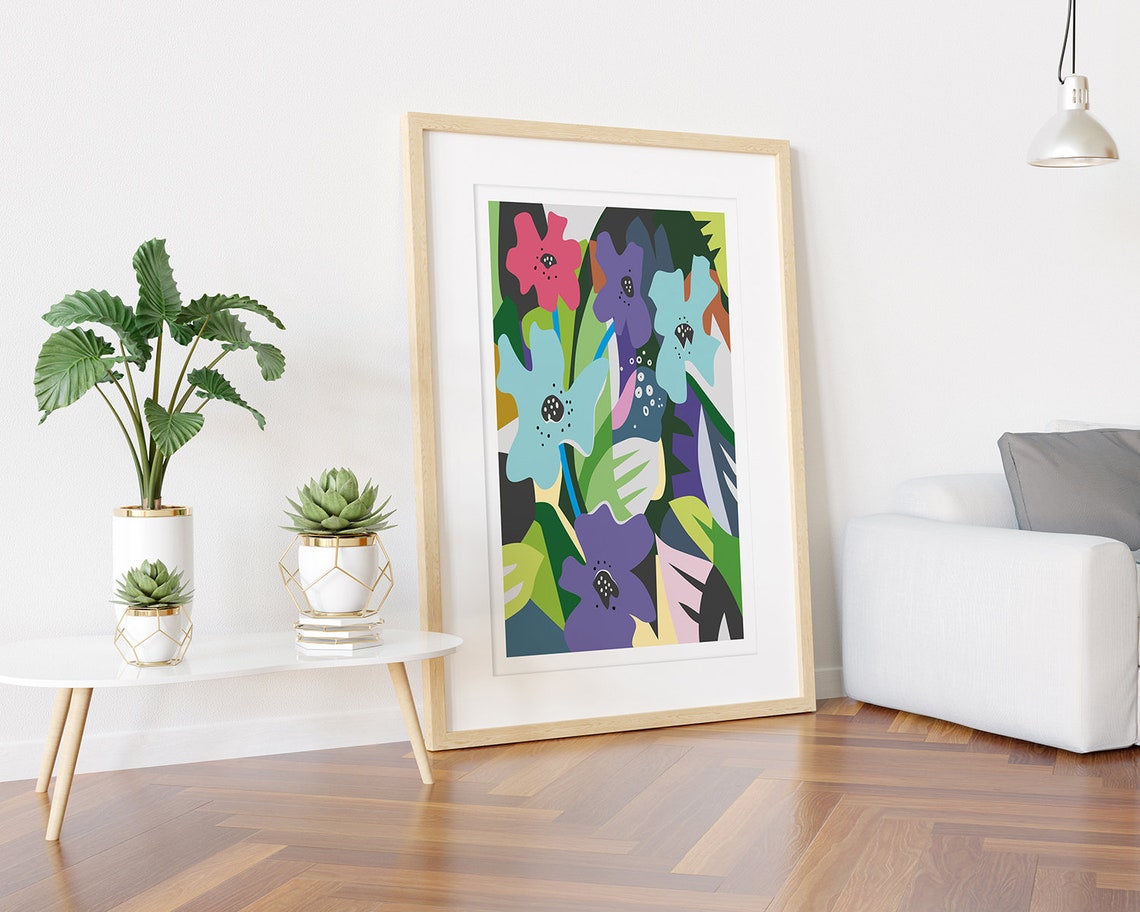 Blue Pink And Purple Abstract Flowers Dark Collage Art Poster - Image 3