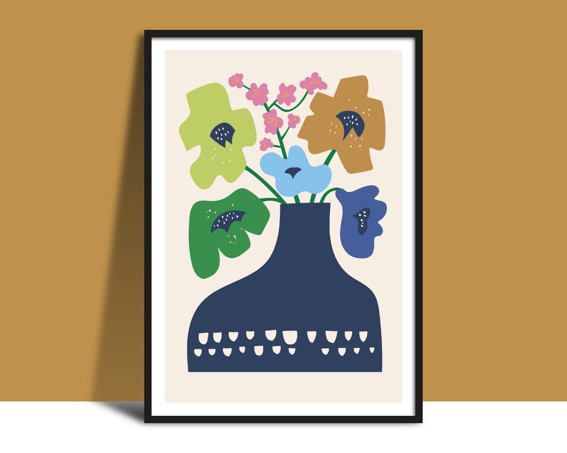 Navy Vase with Pink Blossoms and Bold Colorful Flowers Poster