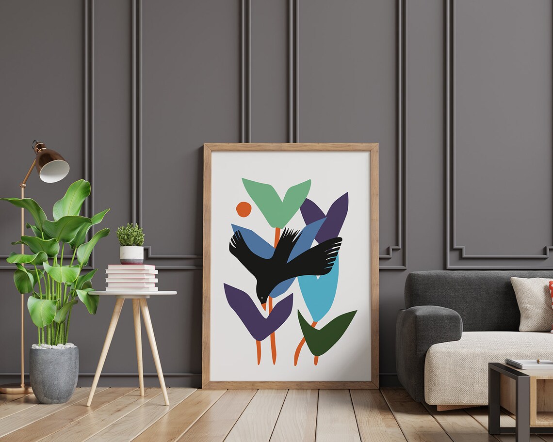Blackbird in Flight Among Blue and Purple Leaves Modern Art Poster - Image 2