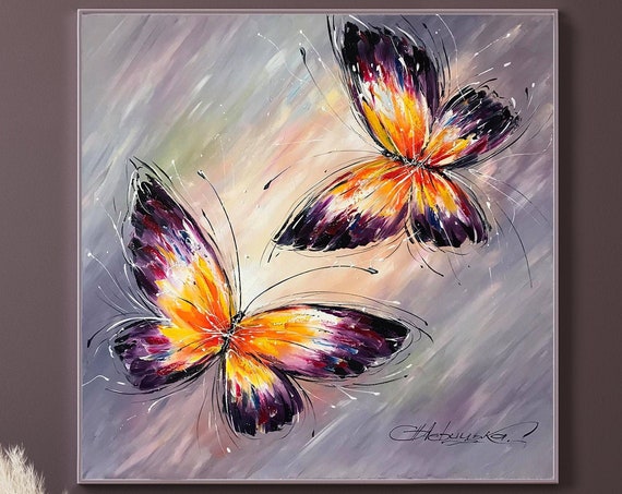 Abstract Butterfly Painting On Original Butterfly Wall Art Purple Butterfly Art Large Artwork Framed Butterfly Oil Painting