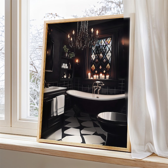 Black Gothic Bathroom Clawfoot Tub Chandelier Dark Academia Poster