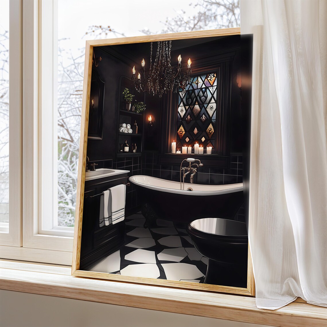 Black Gothic Bathroom Clawfoot Tub Chandelier Dark Academia Poster