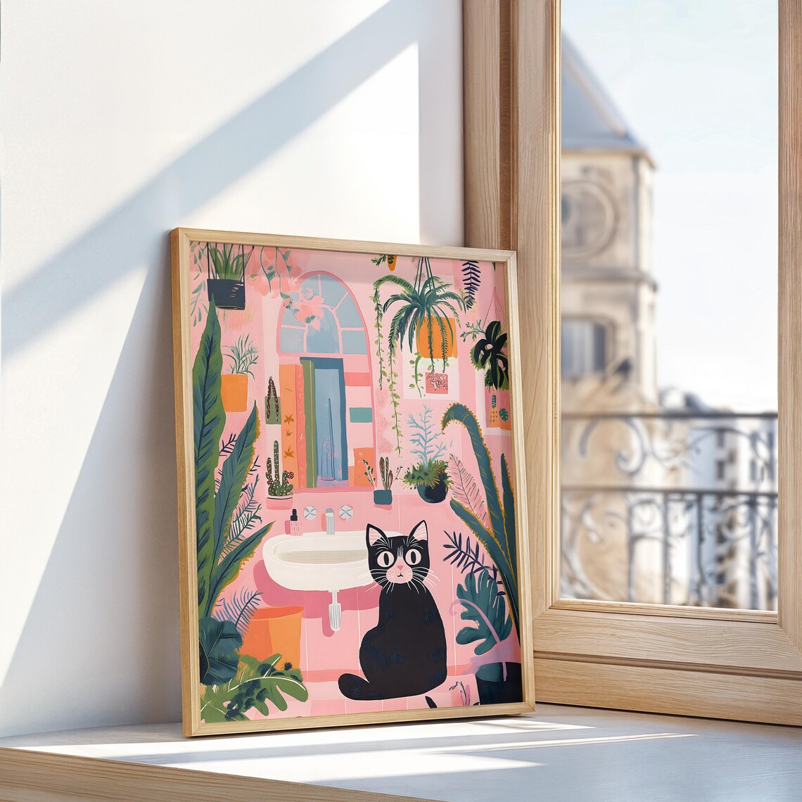 Black Cat in Pink Botanical Bathroom Whimsical Cat Plant Poster - Image 2