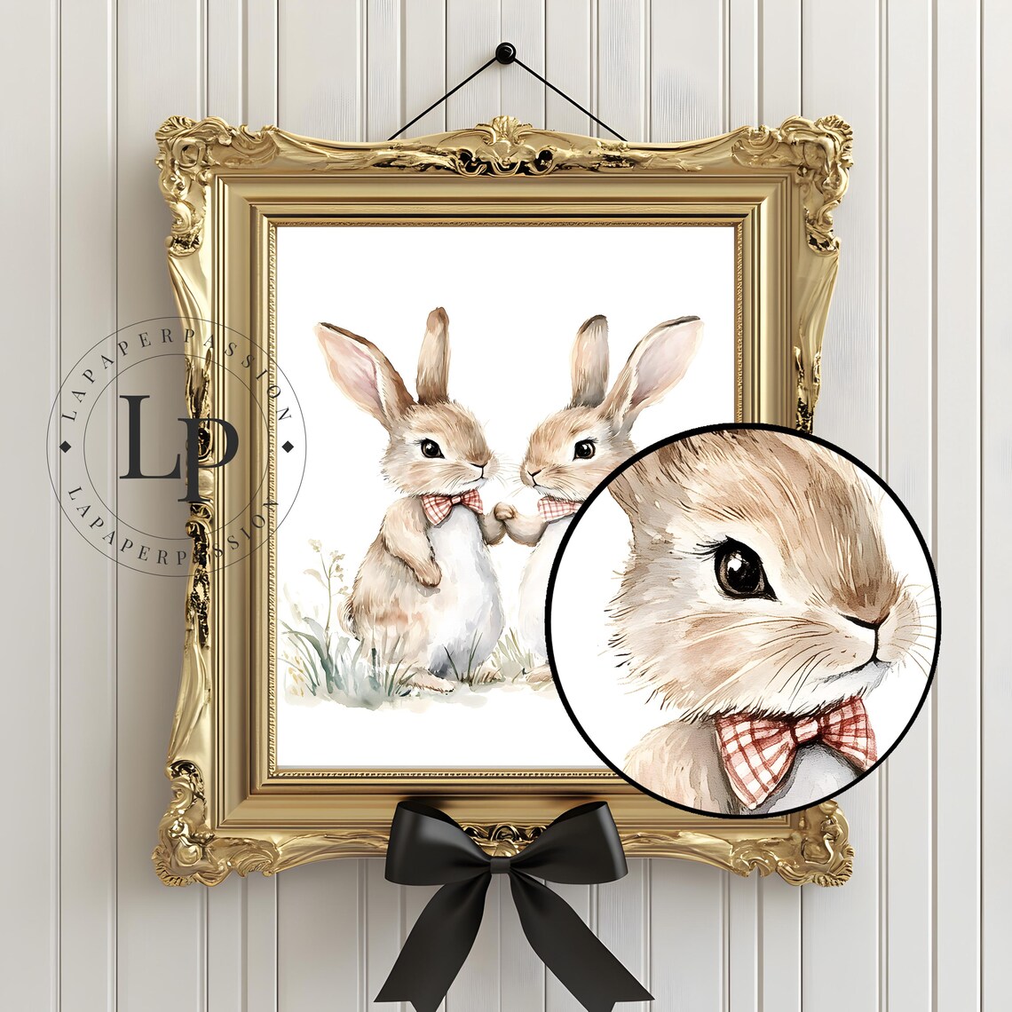 Cute Pair of Watercolor Bunnies with Red Bow Ties Nursery Poster - Image 5
