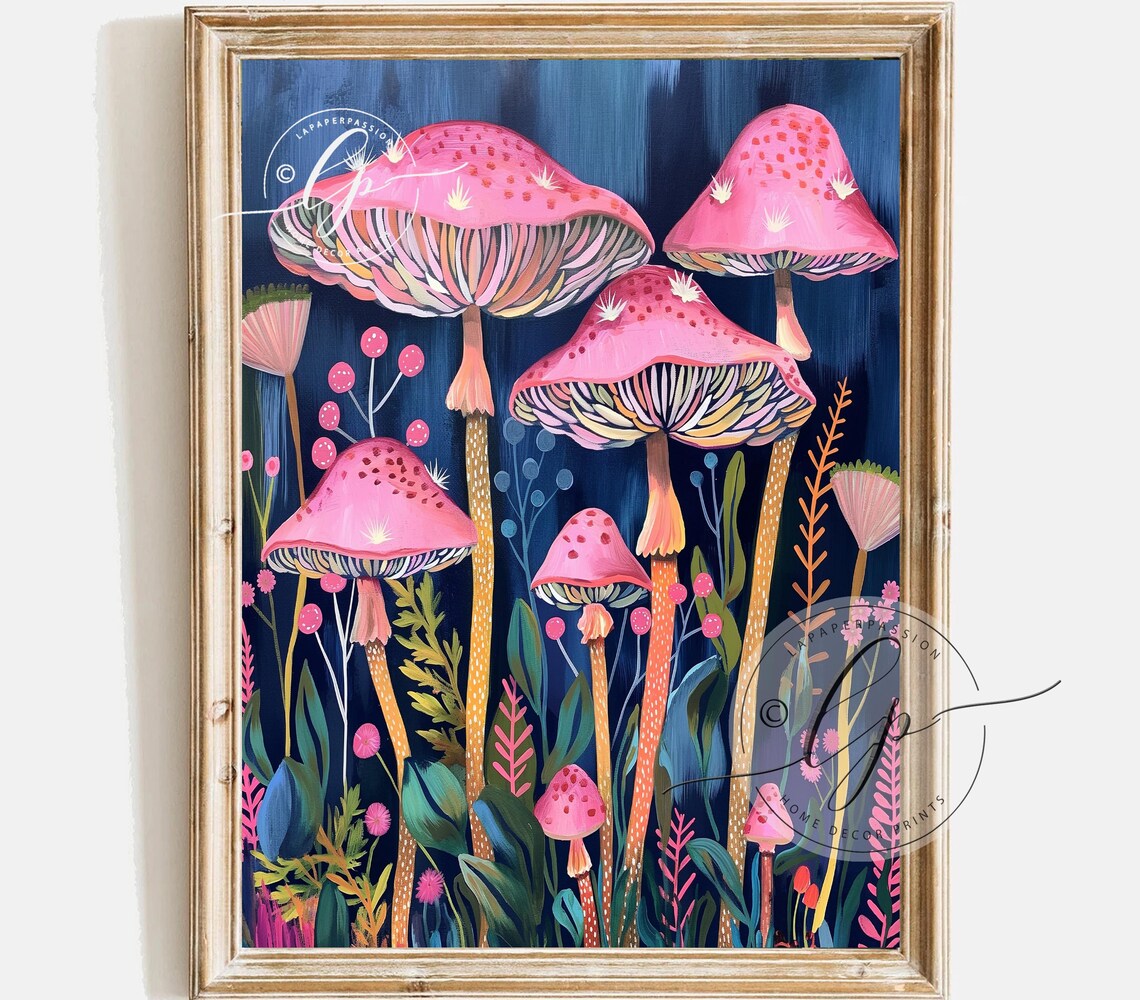 Pink Mushroom Poster, Cute Whimsical Floral Decor