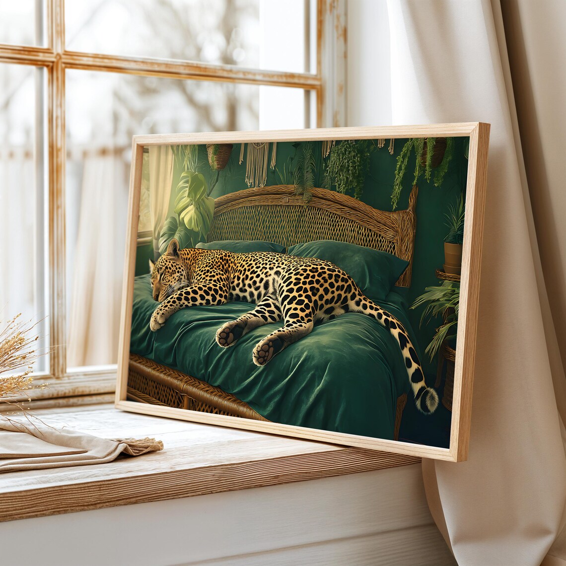 Leopard Art Print, Green Boho Bedroom Decor - Image 4