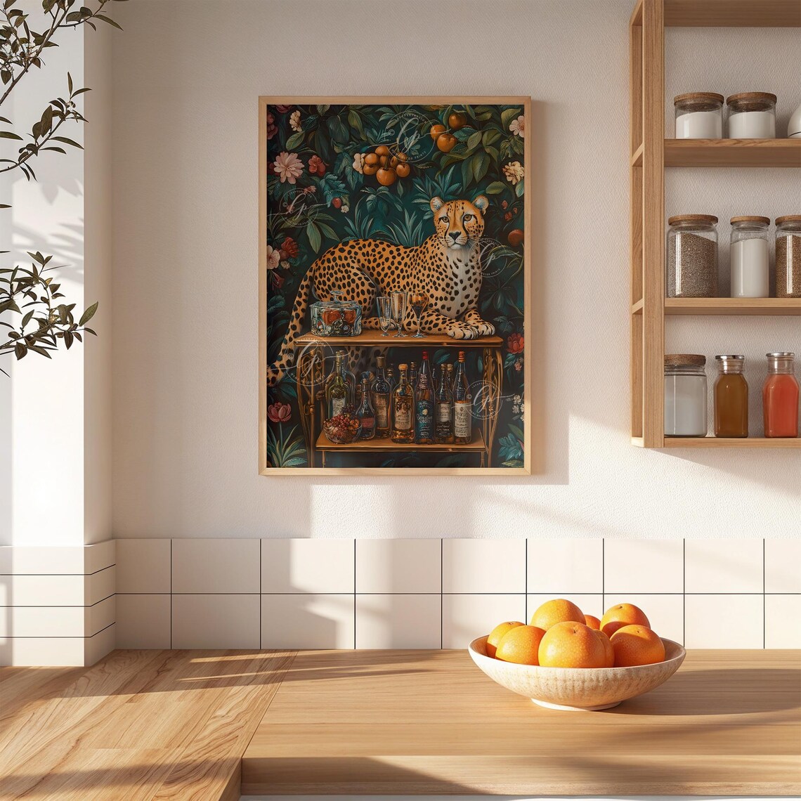 Leopard Lounging on Bar Cart Jungle Botanical Maximalist Animal Poster - Image 4