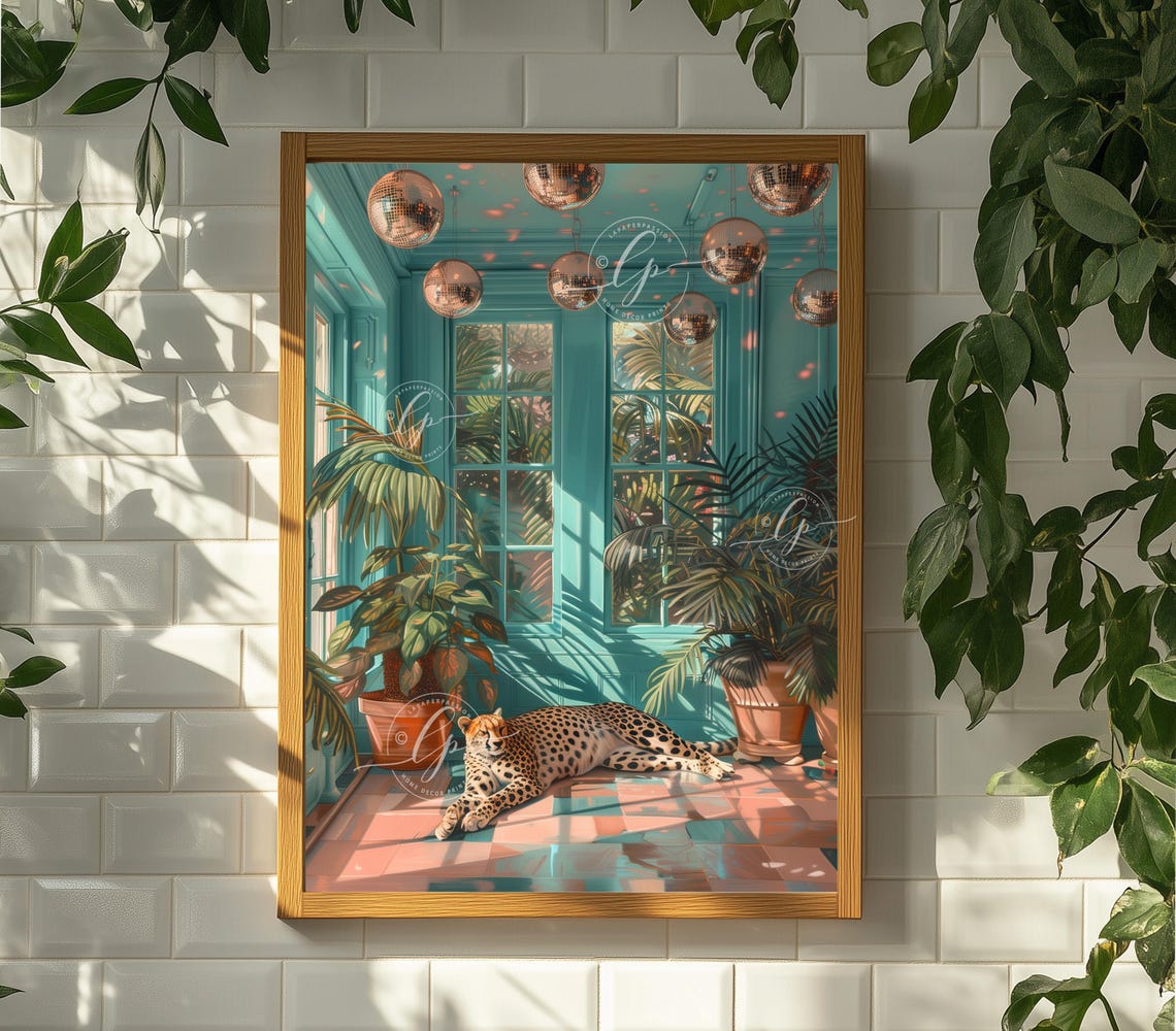 Disco Ball Cheetah Plants And Disco Balls Cheetah Print Maximalist Wall Art Bold Cheetah Decor Boho Jungle Wall Art - Image 5