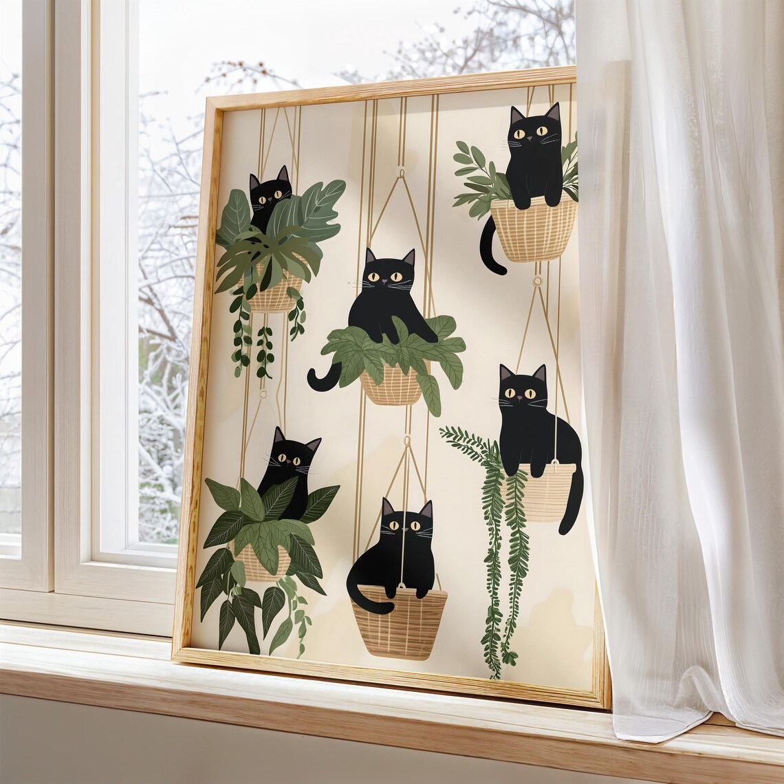 Black Cats Hanging Plant Baskets Quirky Botanical Cat Lover Poster - Image 3