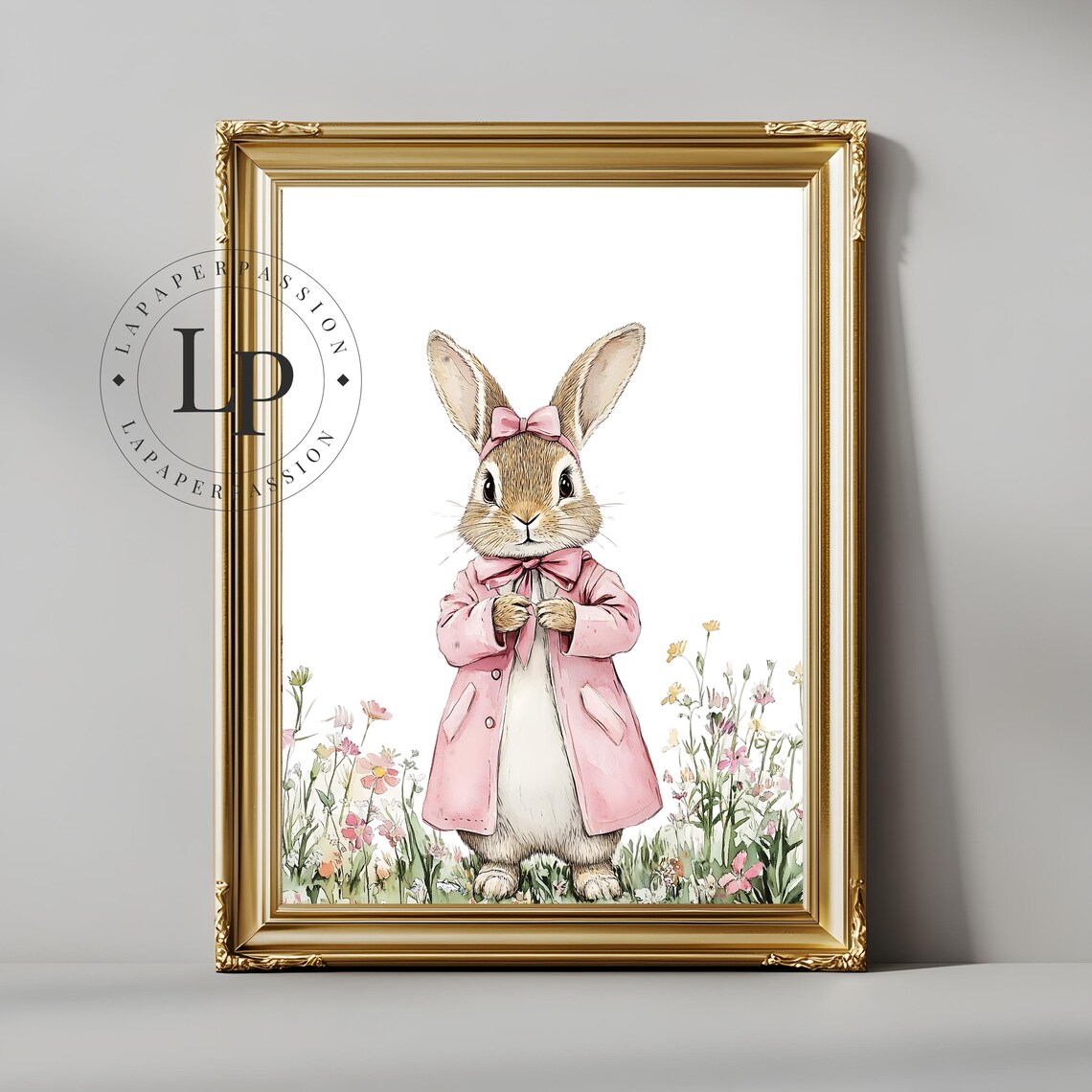 Watercolor Bunny in Pink Coat Among Wildflowers Nursery Poster - Image 4