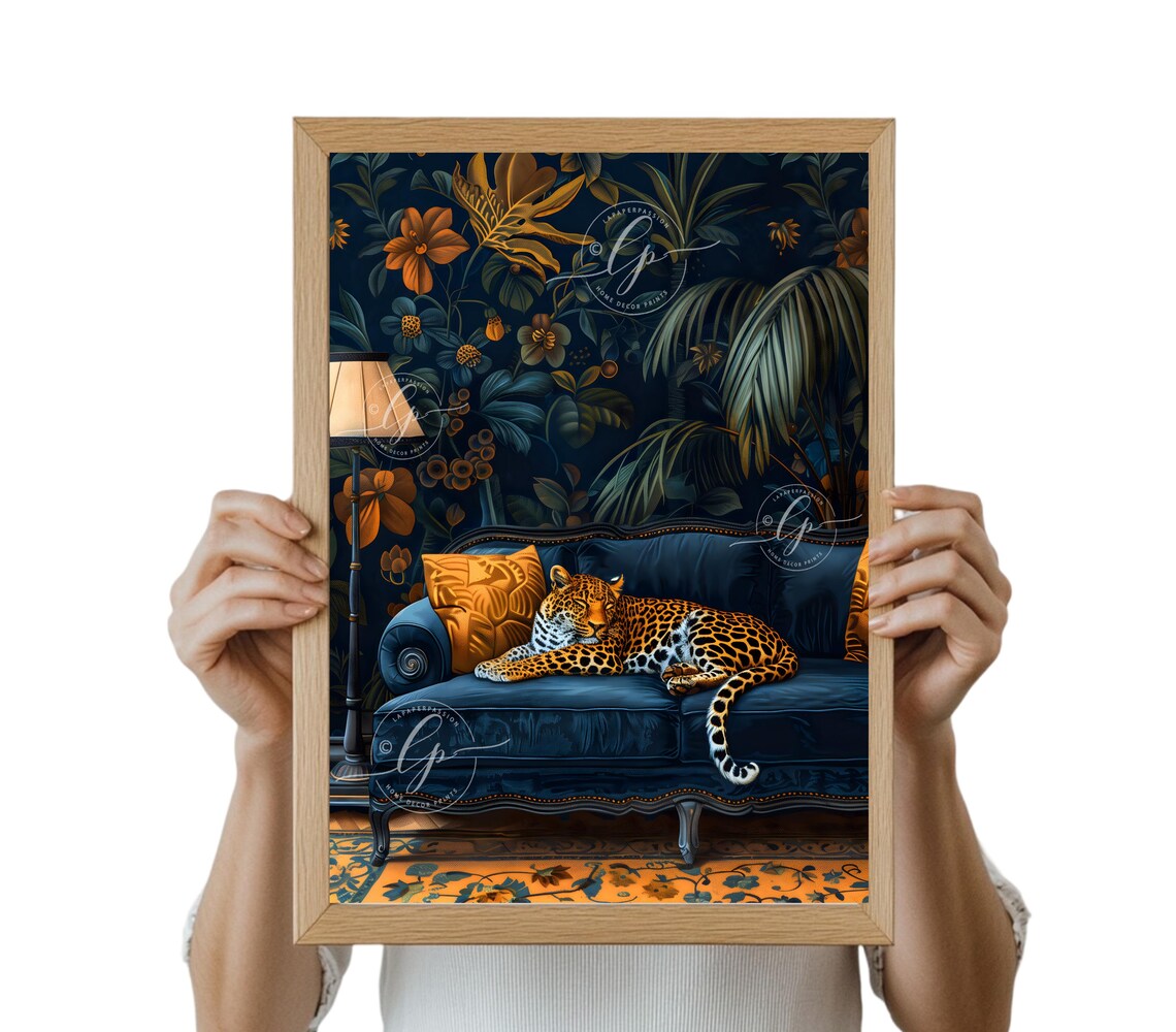 Leopard Navy Velvet Chaise Lounge Dark Floral Maximalist Wall Art - Image 3