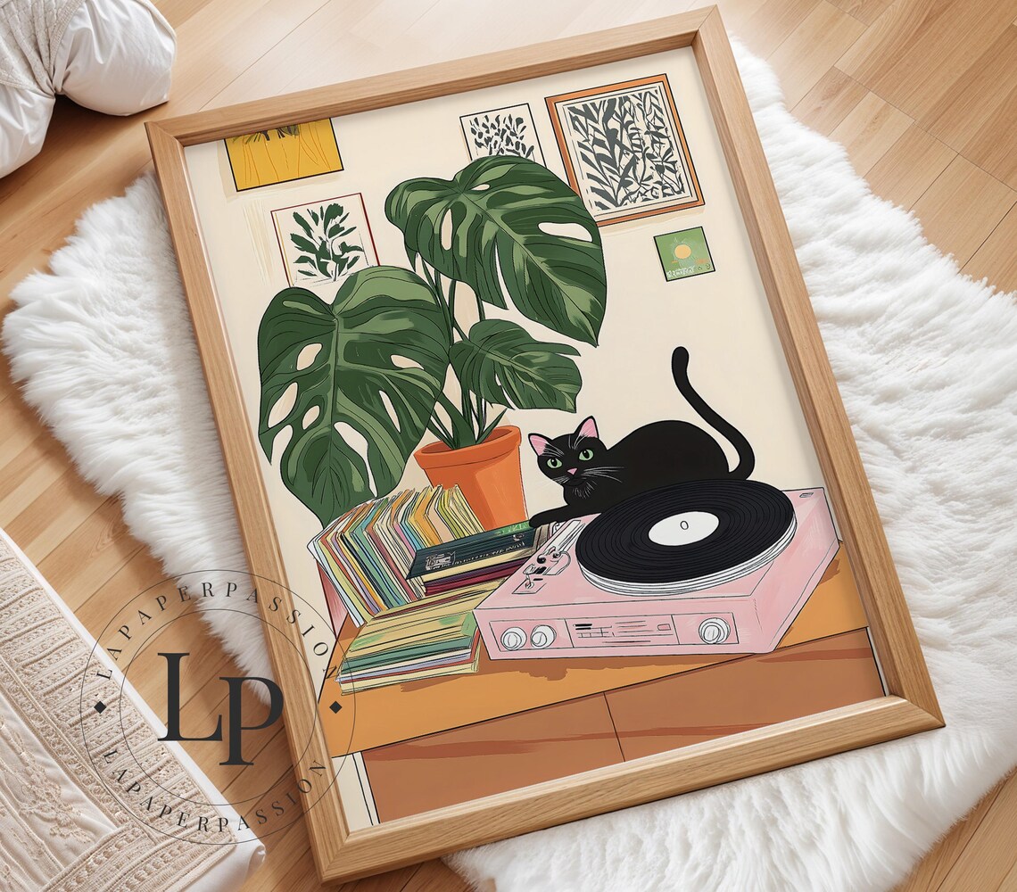Retro Boho Black Cat Botanical Art Print - Image 5