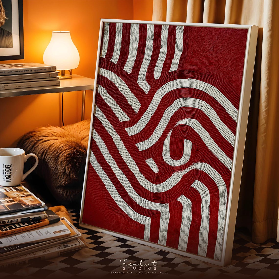 Red And White Curved Stripes Woven Textile Abstract Art Poster