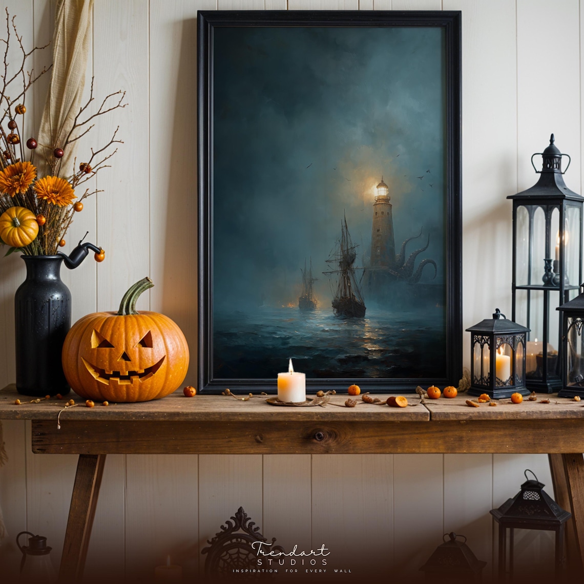 Kraken Lighthouse Dark Stormy Sea Moody Nautical Halloween Wall Poster