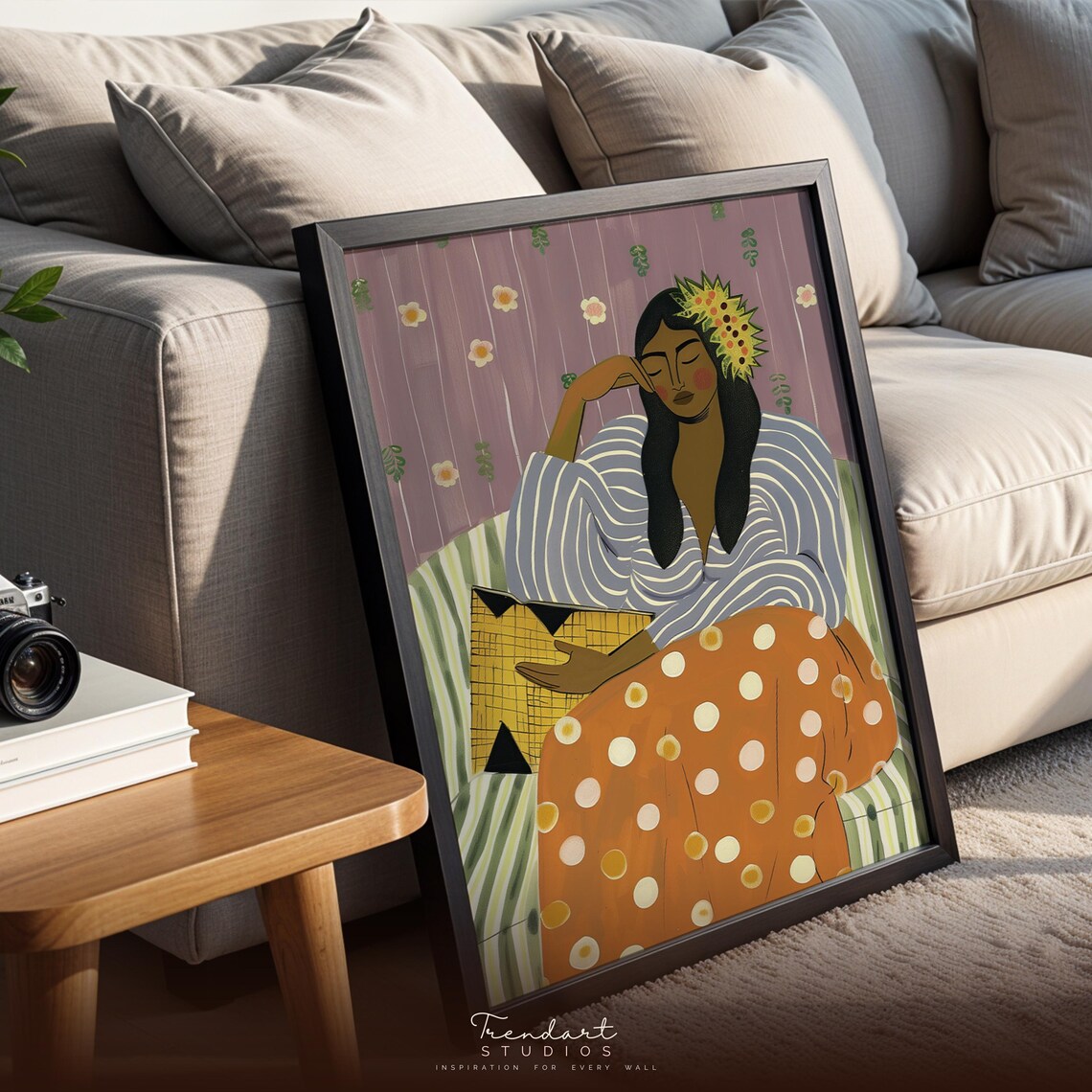 Folk Art Woman Sunflower Crown Striped Dress Botanical Poster
