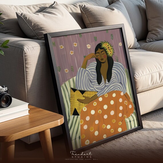 Folk Art Woman Sunflower Crown Striped Dress Botanical Poster