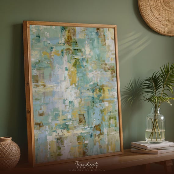 Abstract Wall Art Teal And Mustard Coastal Decor Print Da00107