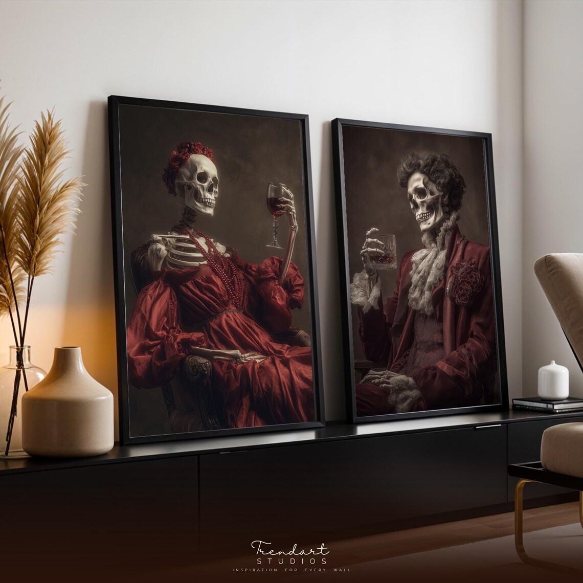 Gothic Skeleton Couple Wine Toast Red Velvet Set of Two Art Poster