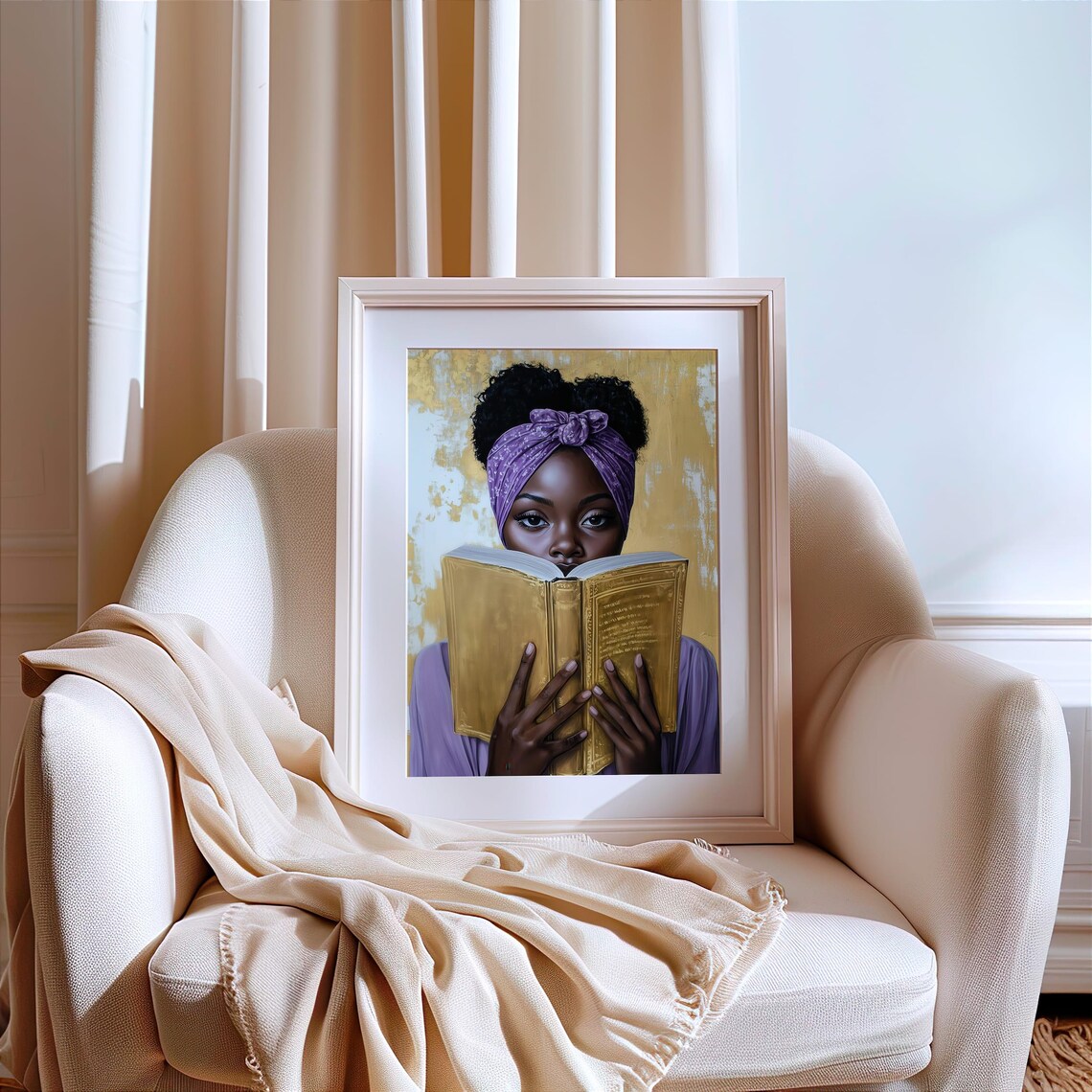 Black Woman Reading Golden Book Purple Headwrap Portrait Poster - Image 6