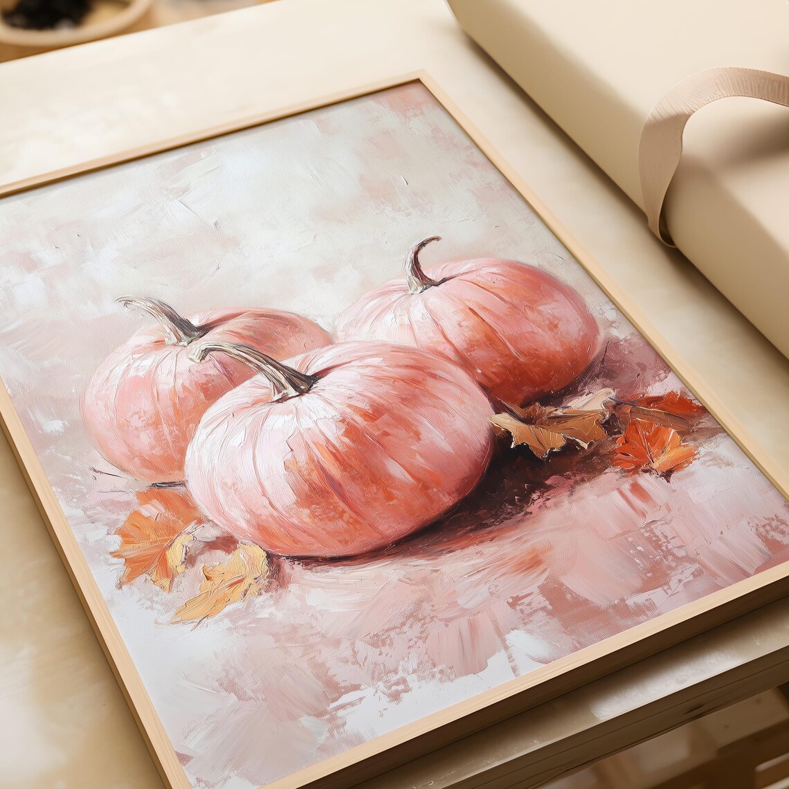 Pink Pumpkins Autumn Leaves Soft Fall Still Life Painting Wall Art - Image 5