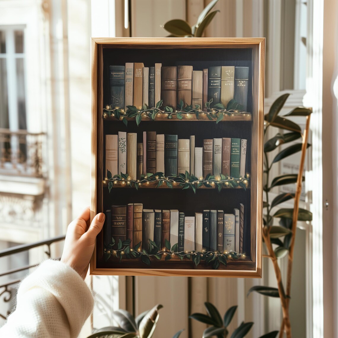 Cozy Vintage Bookshelf with Twinkling Fairy Lights Library Decor Poster - Image 2