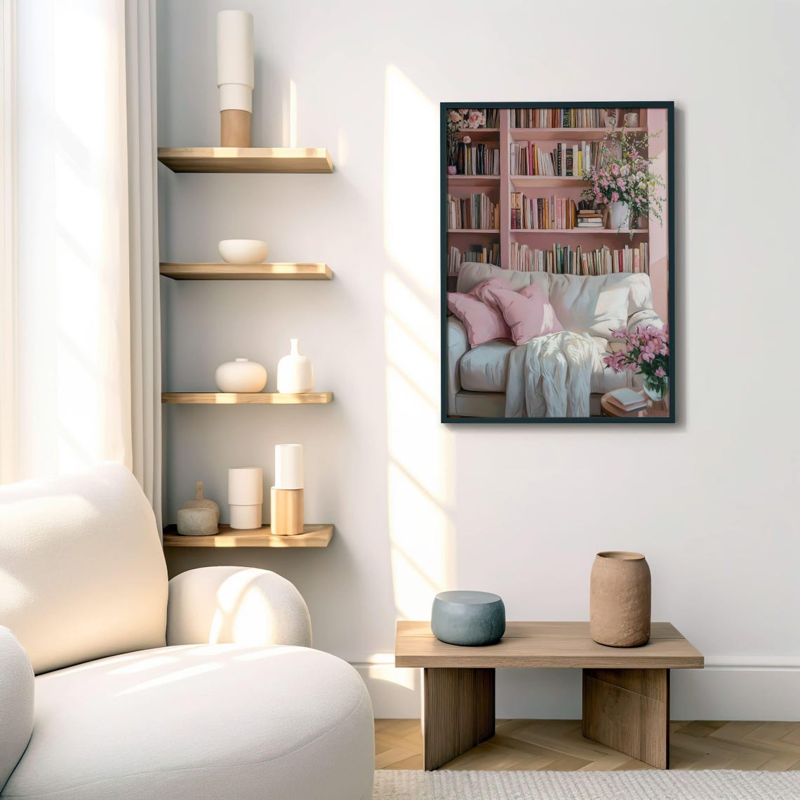 Cozy Pink Reading Nook Bookshelf Floral Book Lover Cozy Decor Wall Art - Image 4