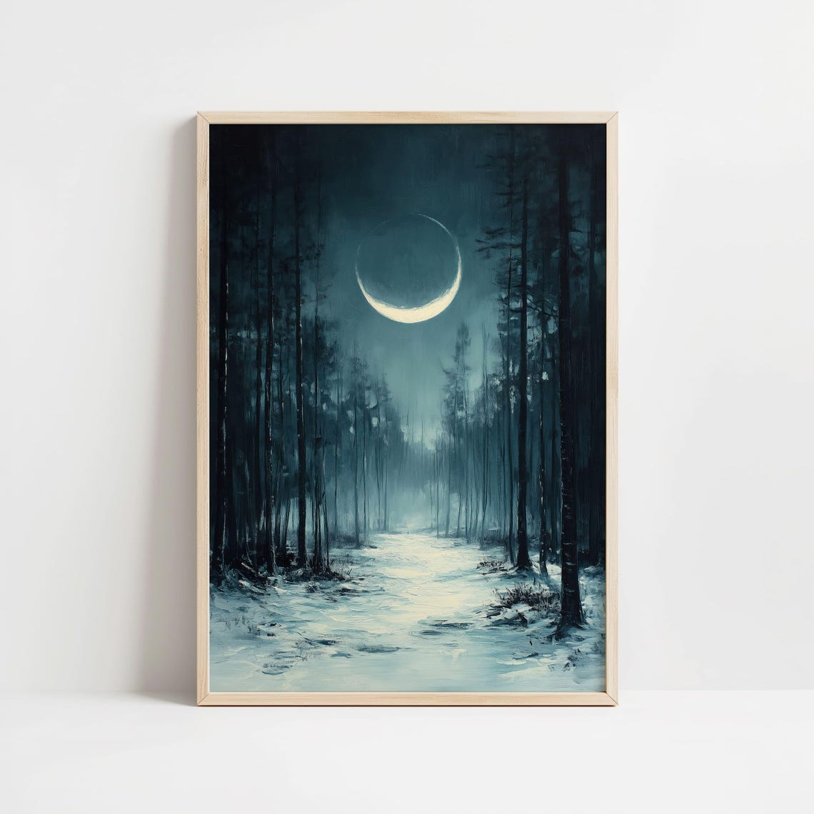 Dark Moonlit Pine Forest Path With Glowing Crescent Moon Poster - Image 8