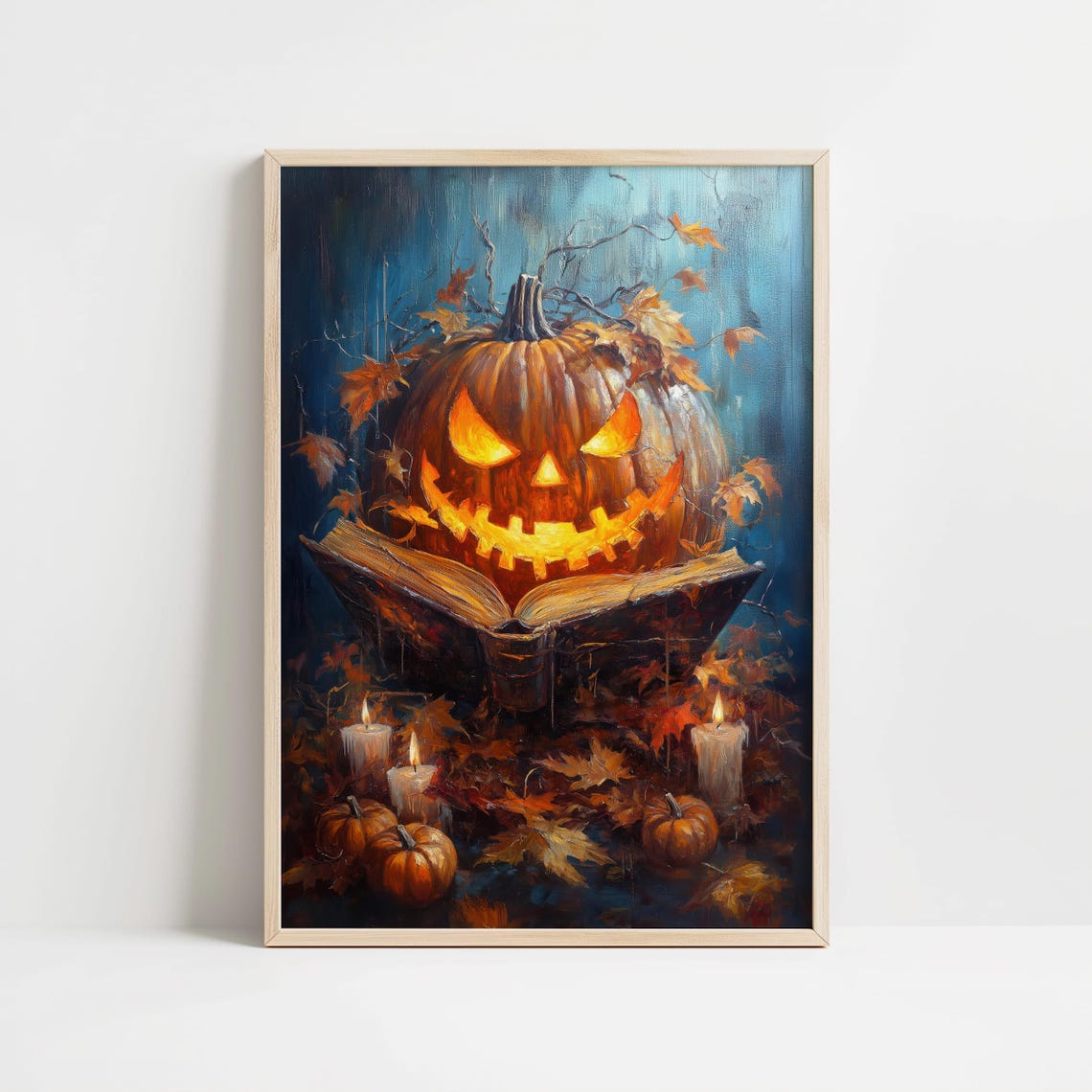 Spooky Glowing Pumpkin Reading Open Book Halloween Night Poster - Image 8