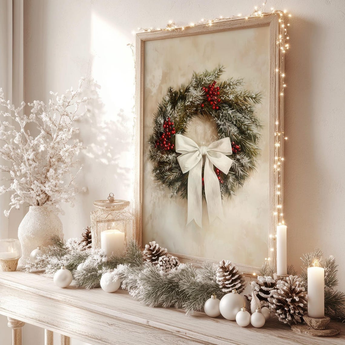Vintage Christmas Wreath With White Bow Red Berries Pine Poster - Image 3