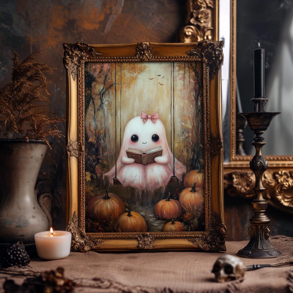 Cute Pink Ghost Reading on Swing Fall Pumpkin Patch Art Poster - Image 2