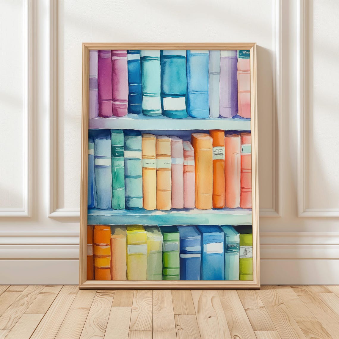 Rainbow Watercolor Bookshelf With Pastel Books Library Poster