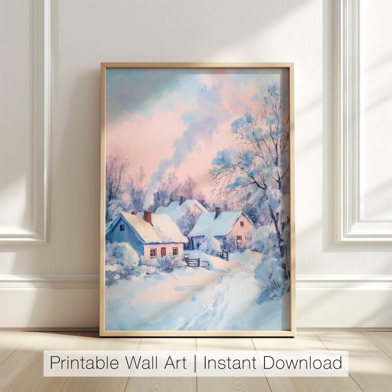 Snowy Winter Village Cottages In Pastel Hues Landscape Poster