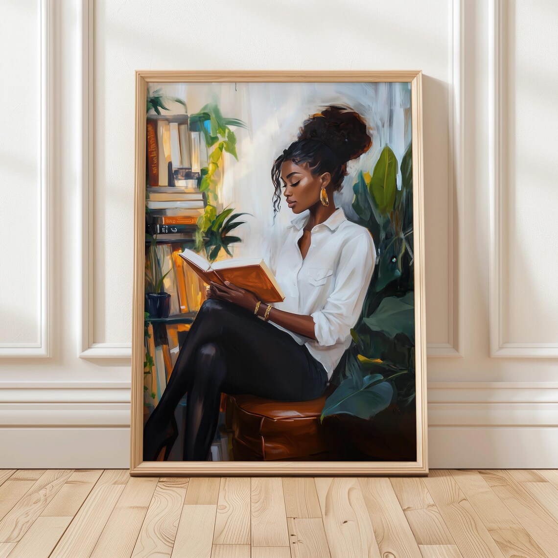 Black Woman With Top Knot Reading In Plant-Filled Library Poster