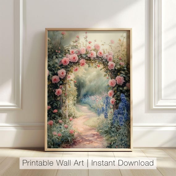 Rose Garden Watercolor Art Print, Cottagecore Decor