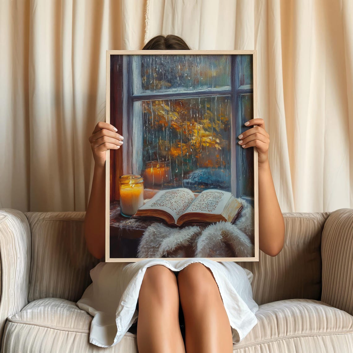 Cozy Fall Reading Nook Candle and Book by Rainy Window Art Poster - Image 2