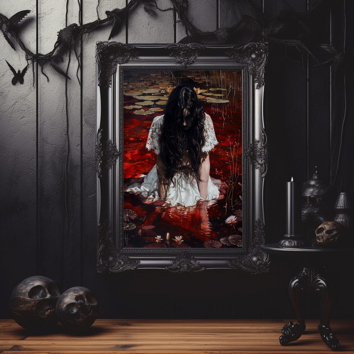 Gothic Woman White Dress Dark Red Water Lily Pond Art Poster - Image 3
