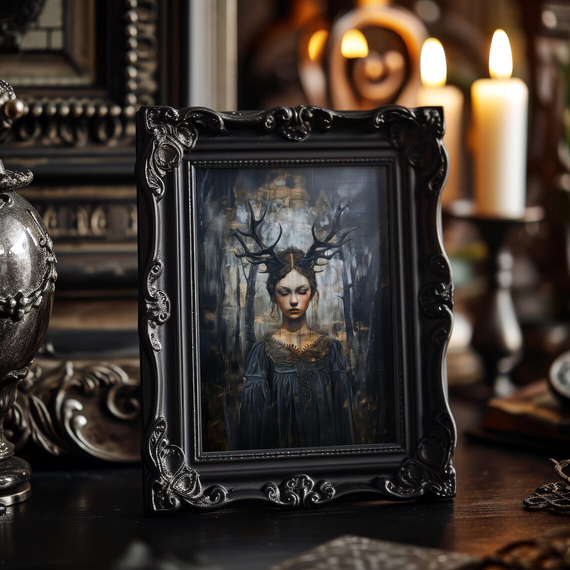Gothic Antlered Woman Dark Forest Mystery Portrait Art Poster - Image 3