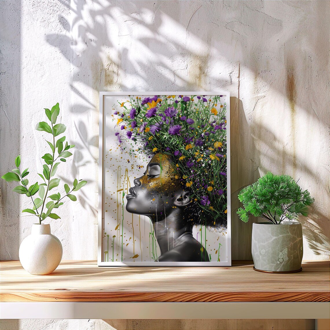 Black Woman Floral Afro Hair Portrait Afrocentric Art Poster - Image 3